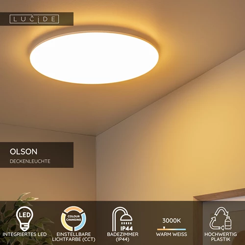 Lucide OLSON - Deckenleuchte Badezimmer - Ø 45 cm - LED - CCT - 1x45W 3000K/6500K - IP44 - Opal - USP